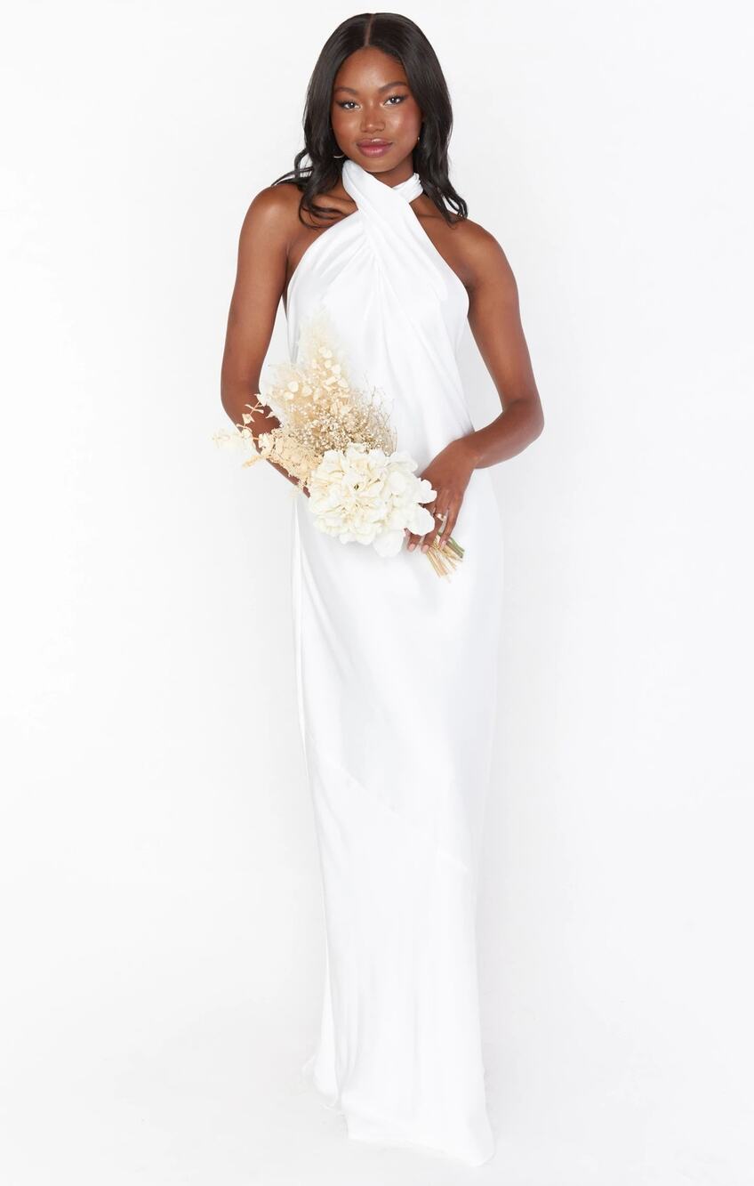Show Me Your Mumu Jasmine Halter Maxi Dress Ivory Luxe Satin XL